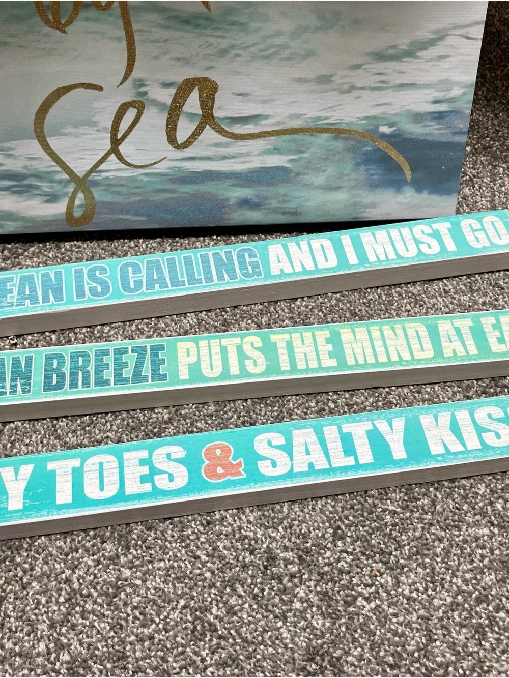 Coastal Ocean Beach Wall Art Set in Aqua Teal Gold w/ 3 Wooden Desk Plaques